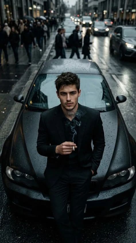 Overhead shot of a man in a black suit leaning on a matte black sports car on a wet rainy city street