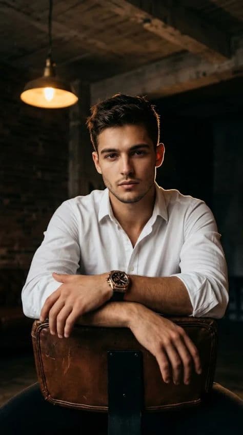 Man in a white rolled-sleeve shirt sitting backwards on a vintage leather chair in an industrial loft