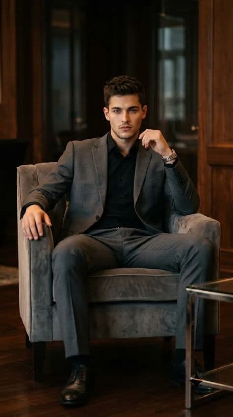 Businessman in a tailored dark gray suit seated in a plush velvet armchair in a wood-paneled room