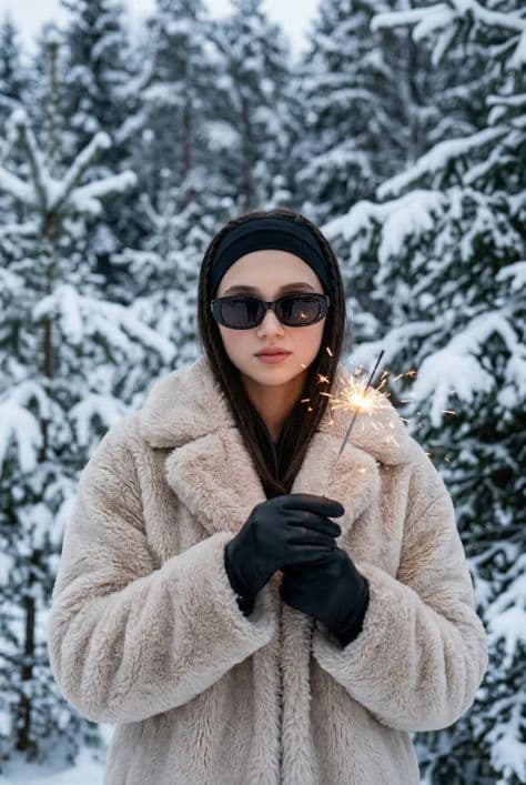 Woman in a plush beige fur coat holding a glowing sparkler in front of a snowy evergreen forest