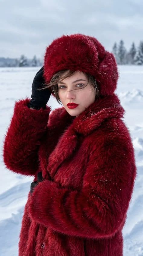 Woman in a voluminous crimson fur coat and hat standing against the wind in a vast snowy field