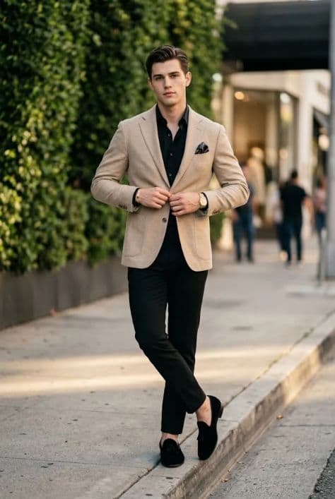 Man in a fitted beige blazer and velvet tassel loafers standing on a city curb during golden hour
