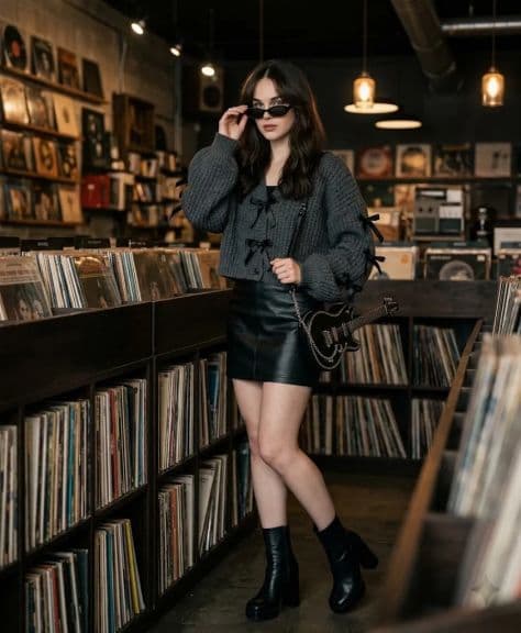 Woman in a chunky knit bow cardigan and leather skirt posing by vinyl record shelves in a store