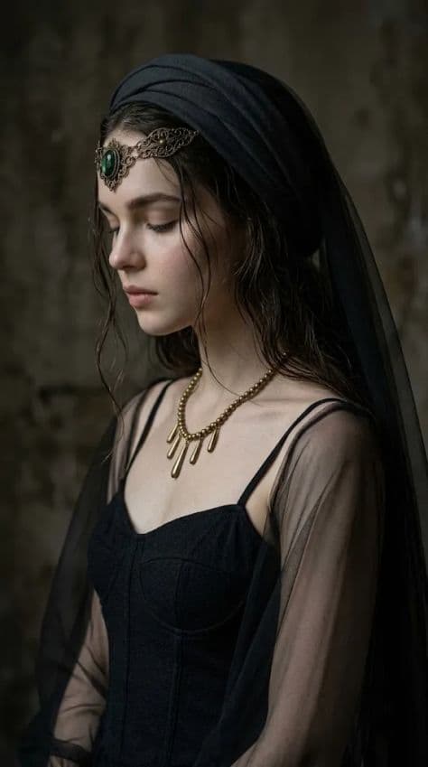 Side-profile portrait of a woman in an antique filigree headpiece and sheer black tulle veil