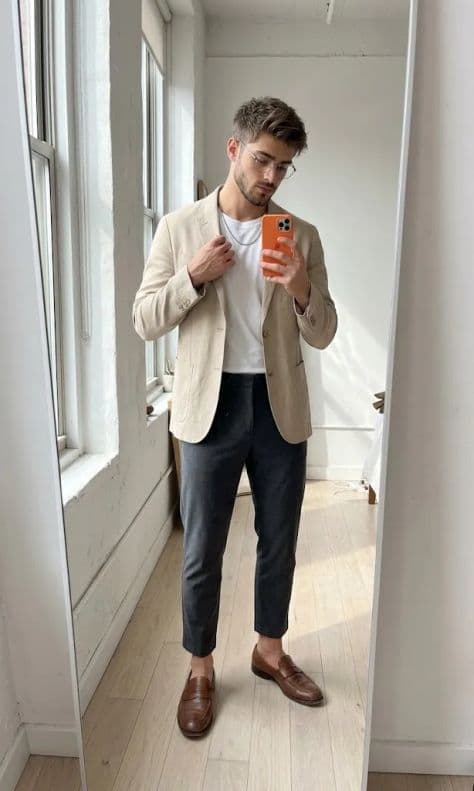 Man in a sand-colored blazer taking a mirror selfie with a phone inside a bright whitewashed loft.