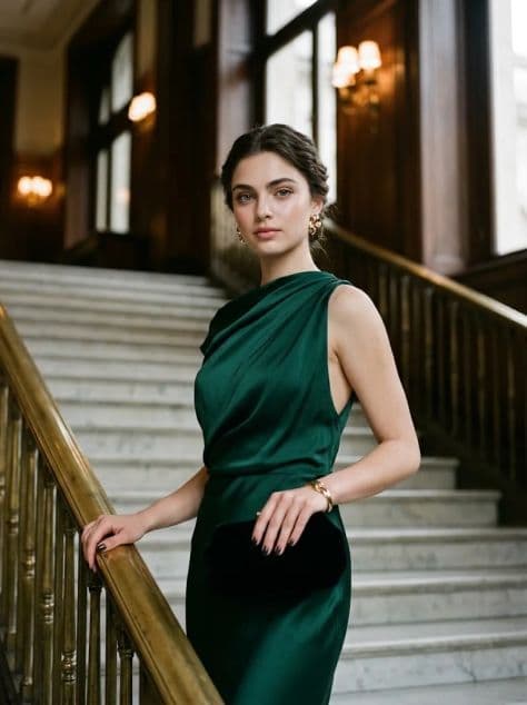Woman in an asymmetrical emerald green silk gown pausing on a grand marble staircase with brass banister.