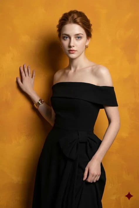 Woman in off-shoulder black dress standing against a textured yellow-marigold canvas studio wall.