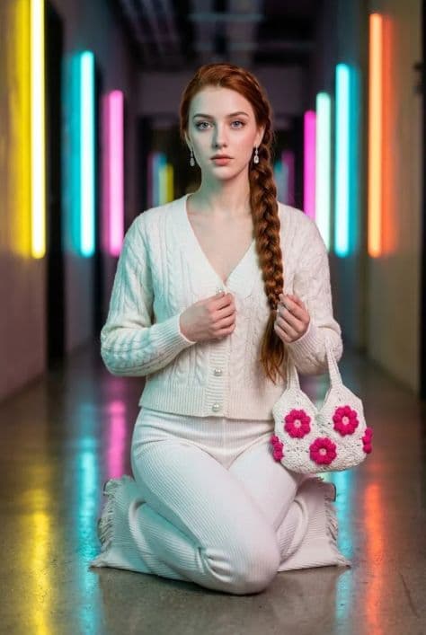 Woman in white knit cardigan kneeling in a corridor lit by colorful vertical neon tubes.