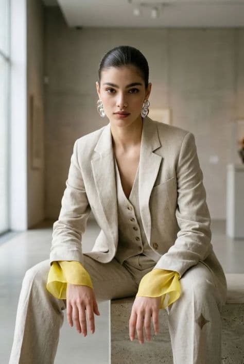 Woman in sand-colored linen suit sitting on a stone plinth in an art gallery, 85mm portrait.
