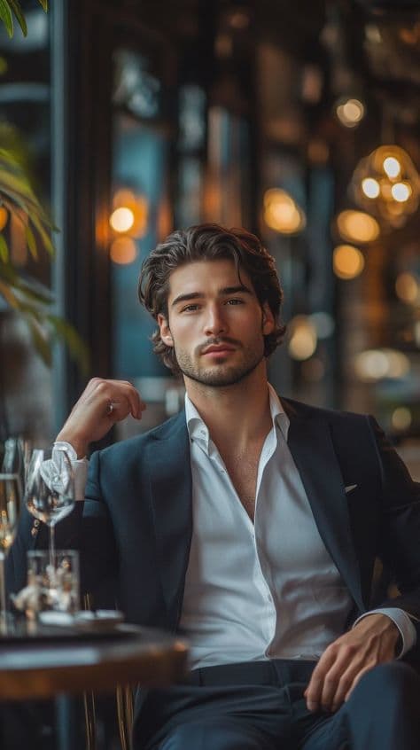 Sophisticated portrait of a guest enjoying a cocktail while seated on an emerald velvet sofa in an opulent private club.