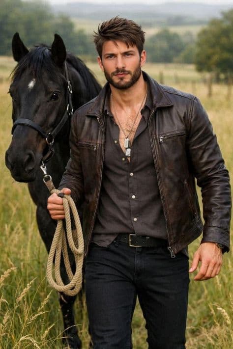 Young man in a brown leather jacket walking through a grassy countryside field while leading a black horse, captured in a natural editorial ranch portrait.