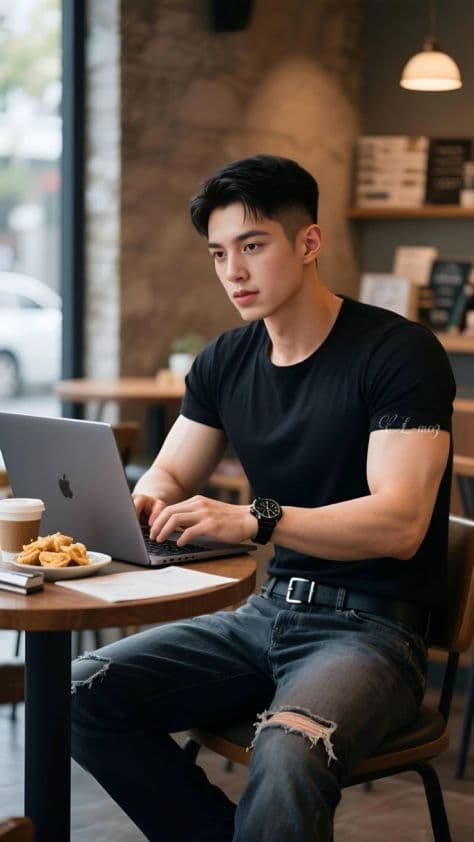 Creative professional working on a modern laptop seated at a rustic café table next to sunlit windows.