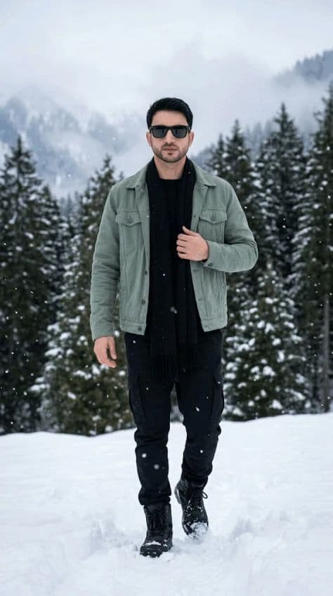 Man walking on a snowy mountain path dressed in a sage green winter jacket surrounded by tall snowy pine trees.