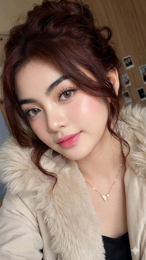 Close-up portrait of a woman wearing a plush beige winter coat with soft faux fur collar in warm indoor lighting.