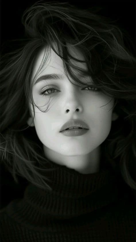 Black and white fine art close-up portrait of a woman with wind-blown hair flowing dynamically across the frame.