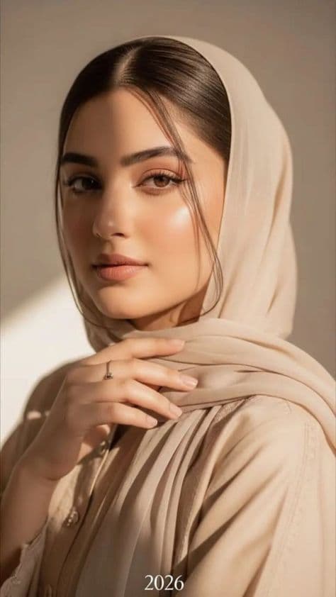 Young woman wrapped warmly in a thick beige cashmere scarf posing gently in warm neutral studio lighting.
