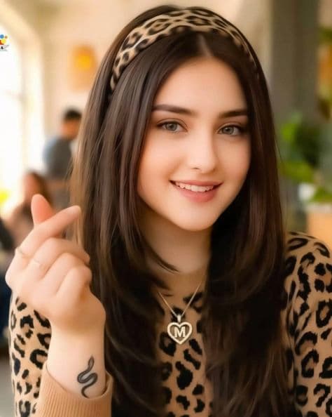 Woman in stylish leopard print knit sweater making a finger heart gesture inside a cozy sunlit coffee shop.