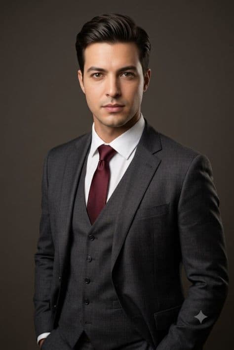 Handsome gentleman wearing a bespoke charcoal grey three-piece suit posing formally in a sophisticated studio setting.