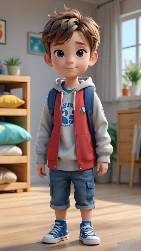 Miniature 3D animated chibi character relaxing in a cozy warm-lit bedroom scene with soft ambient lamps and wooden decor.