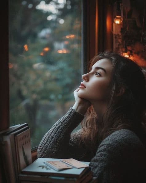 Subject relaxing in an architectural window nook bathed in warm golden indoor light against a deep blue dusk sky.
