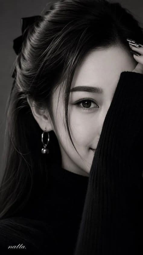 Artistic black and white portrait of a woman with thick dark hair falling across one eye in deep shadow.