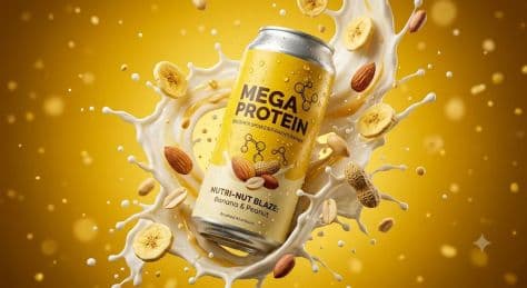 Chilled protein shake aluminum can rising dynamically from creamy frothy milk splashes surrounded by floating banana slices.