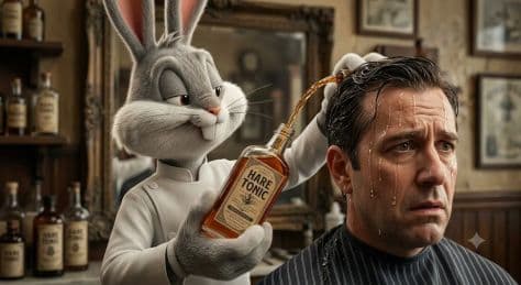 Detailed realistic 3D Bugs Bunny sitting in an antique leather barber chair with lather and tonic bottles on marble counters.