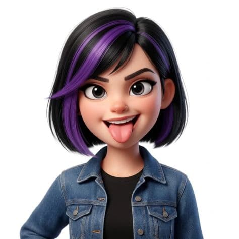 Stylized 3D avatar of an edgy young woman in a classic jean jacket with a vibrant streak of purple through her dark hair.