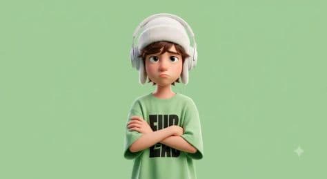 Stylized 3D animated character with oversized gentle eyes and a touching melancholy expression against a soft mint-green backdrop.