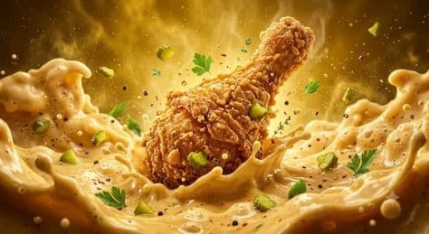 Gigantic, ultra-crispy golden fried chicken drumstick standing majestically amidst billowing clouds of savory cream sauce.