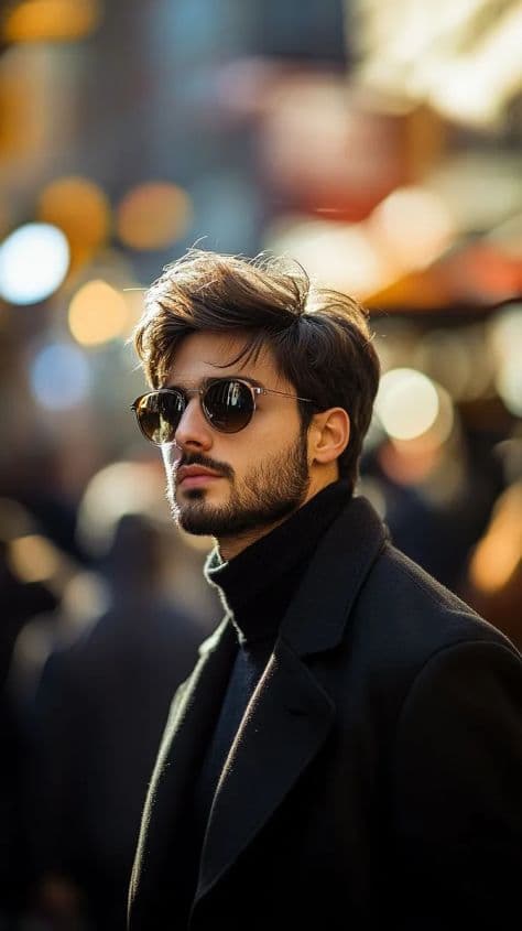 Stylish young subject in contemporary urban streetwear standing on an evening street corner with blurred golden city lights.