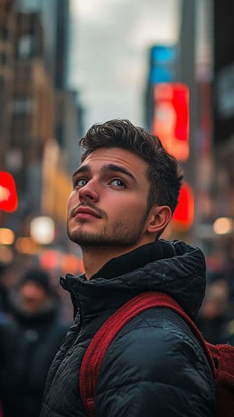 Candid street portrait of a commuter with a black crossbody messenger bag strolling through a bustling downtown district.