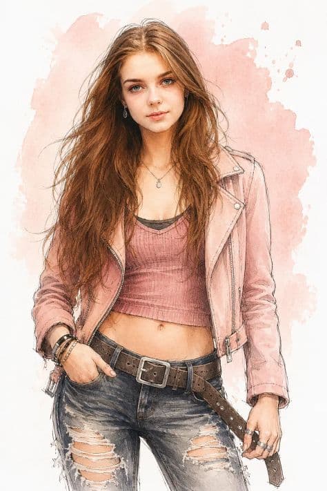 Elegant digital fashion portrait combining realistic facial features with flowing expressive watercolor brushstrokes and gold leaf.