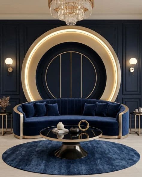 Luxury Art Deco-Inspired Lounge illuminated by vibrant neon glow in a professionally composed commercial setting.