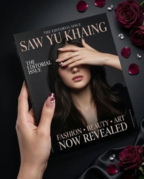 8K Luxury Fashion Magazine illuminated by studio lighting in a professionally composed commercial setting.