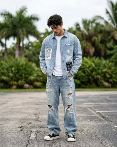 Urban Streetwear Denim Jacket illuminated by diffused natural daylight in a professionally composed commercial setting.