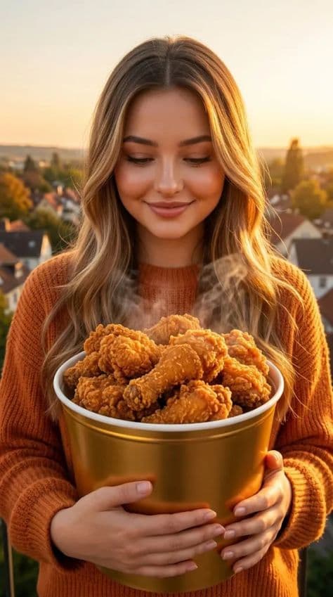 Gentle giant woman in orange sweater cradling a massive bucket of crispy fried chicken over a town