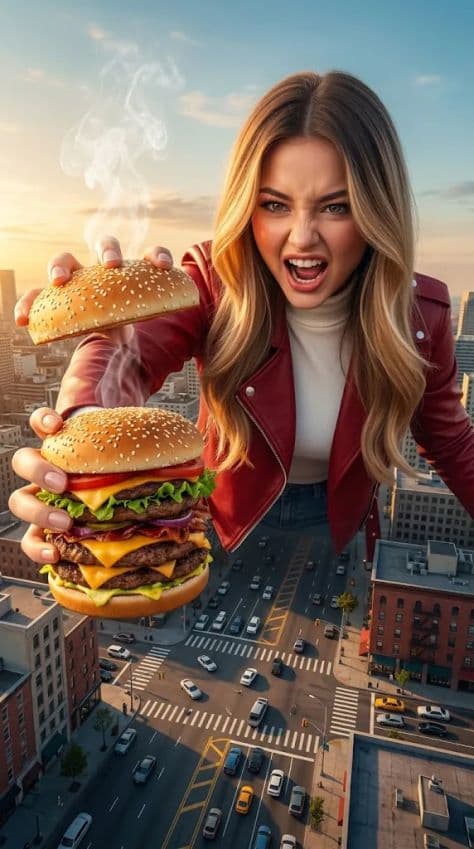 Colossal woman in red jacket lunging across city rooftops holding an immense steaming hamburger
