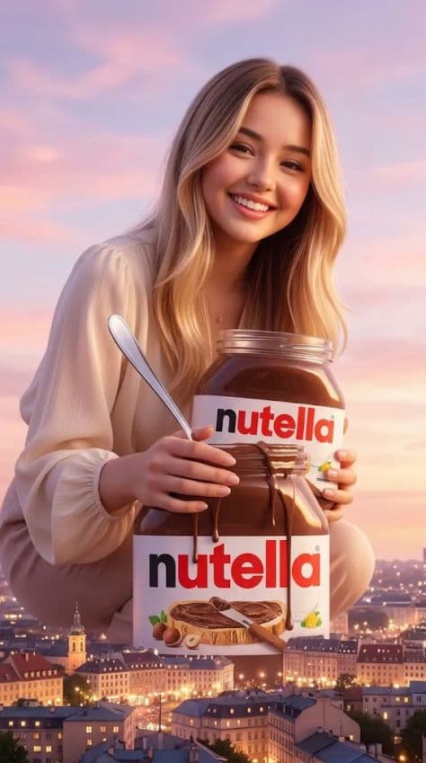 Colossal smiling woman towering above a sunset city holding a giant jar of chocolate spread
