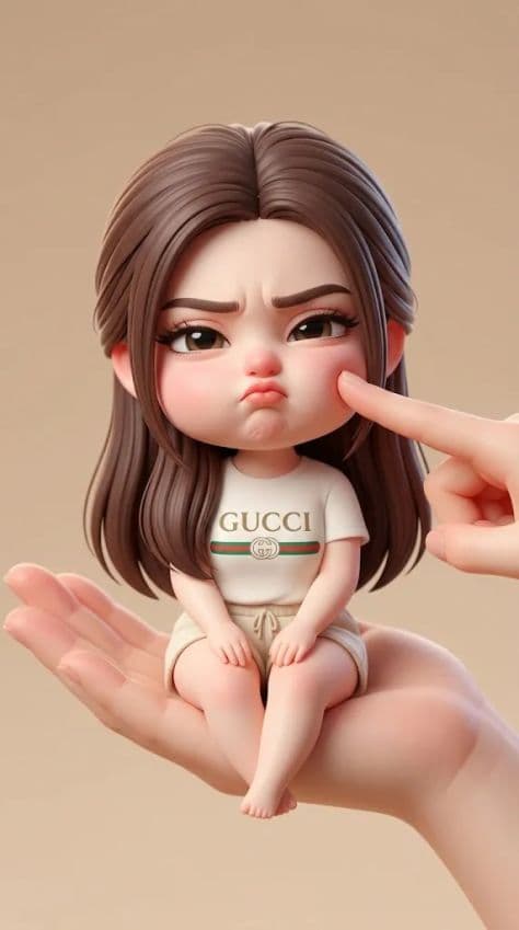 Tiny detailed 3D chibi anime figurine perched securely on an open human left palm
