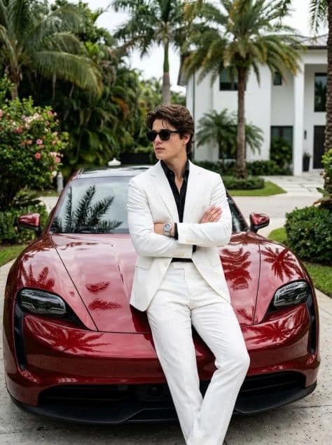 Man leaning casually against the front of a glossy dark red luxury sports sedan at night