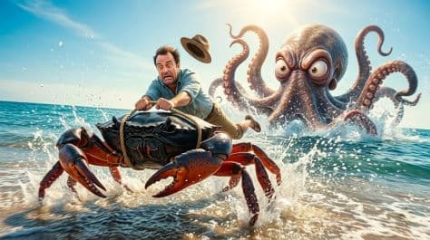Man riding atop an enormous sea turtle on a sunny beach with crashing shallow ocean waves