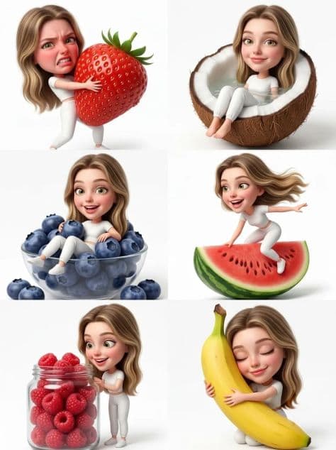 Six-panel 3x2 grid collage showing a cute 3D girl character in different fun expressions