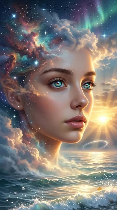 Astronaut with visor open bathed in golden hour light overlooking an alien horizon