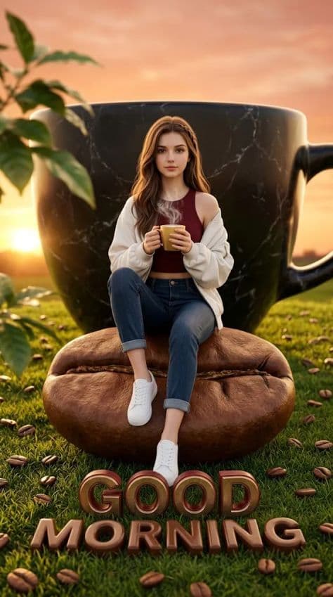 Woman relaxing in casual attire seated on an oversized glossy roasted coffee bean