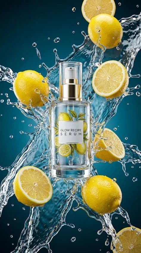 Clear glass dropper serum bottle centered amidst dynamic high-speed water splash droplets