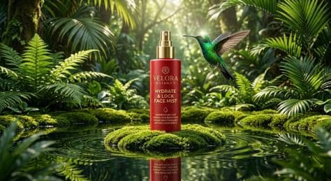 Matte crimson skincare bottle standing upright on a tiny moss island in clear reflective water