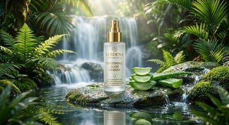 Frosted glass serum bottle on a mossy wet rock beside cut aloe vera leaves in front of a waterfall