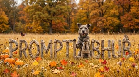 Shaggy terrier dog cuddling against rustic driftwood letters in a golden autumn meadow with pumpkins