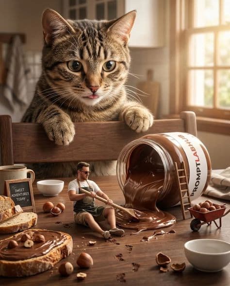 Tiny miniature man holding a wooden spoon next to an overturned giant jar of chocolate spread